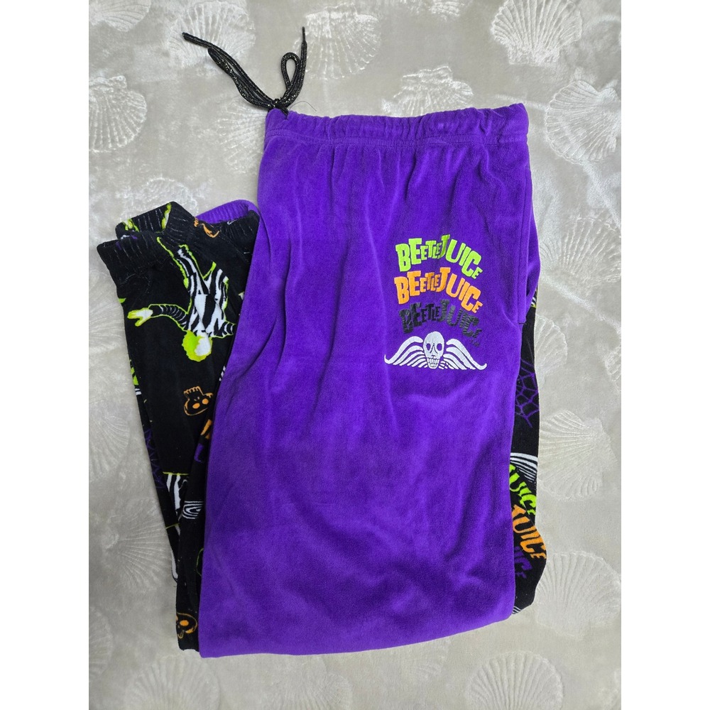 Beetlejuice Women Plus 2X Pajama Pants Purple Black Split Leg Fleece Lounge Wear